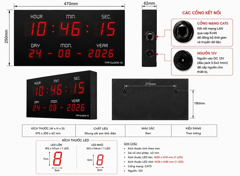 kích thước đồng hồ đồng bộ ntp TTP-CLOCK-14